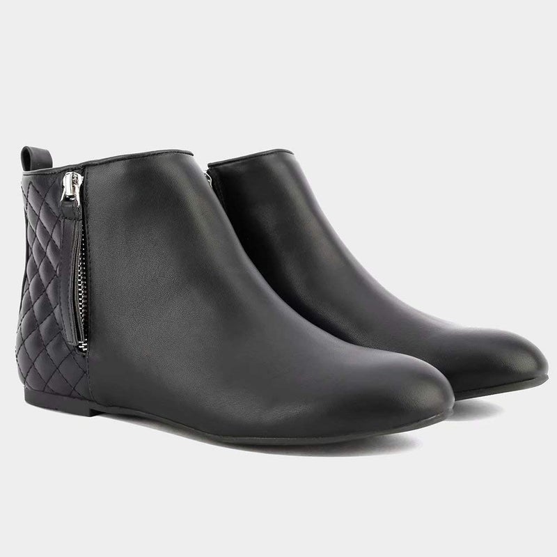 MaxMuxun Women's Ankle Boots Flat Low Heel Booties Ladies Quilted Fall Winter Fashion Boots with Side Zipper Black PU Size 9 - Image 4